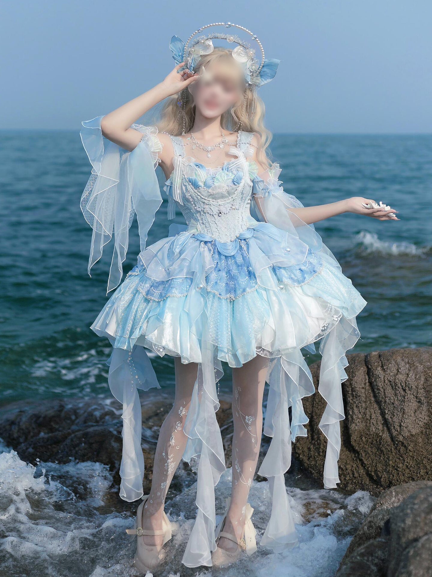 Blue mermaid lolita bride dress lolita pompoo skirt princess birthday coming-of-age dress heavy work