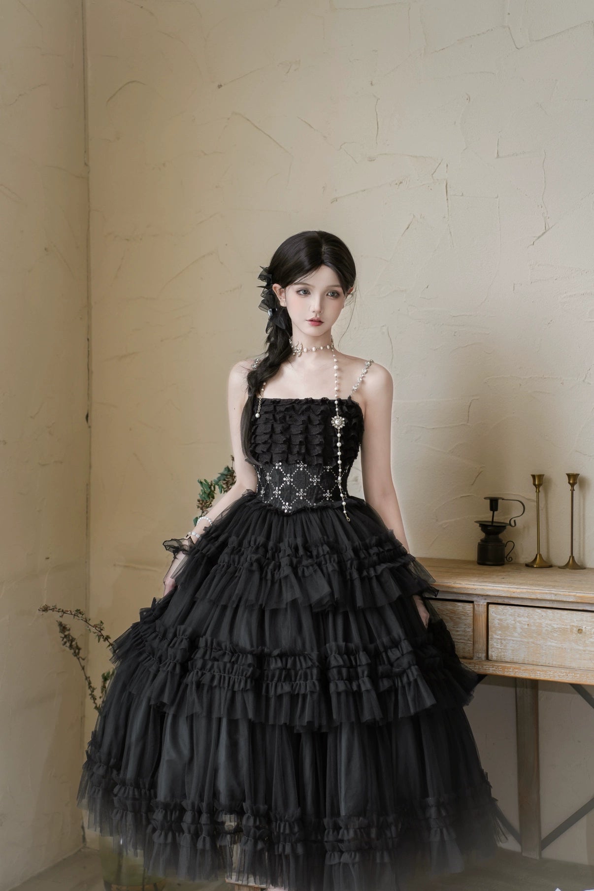 lace bead embroidered fishbone heavy industry slim large swing gauze skirt