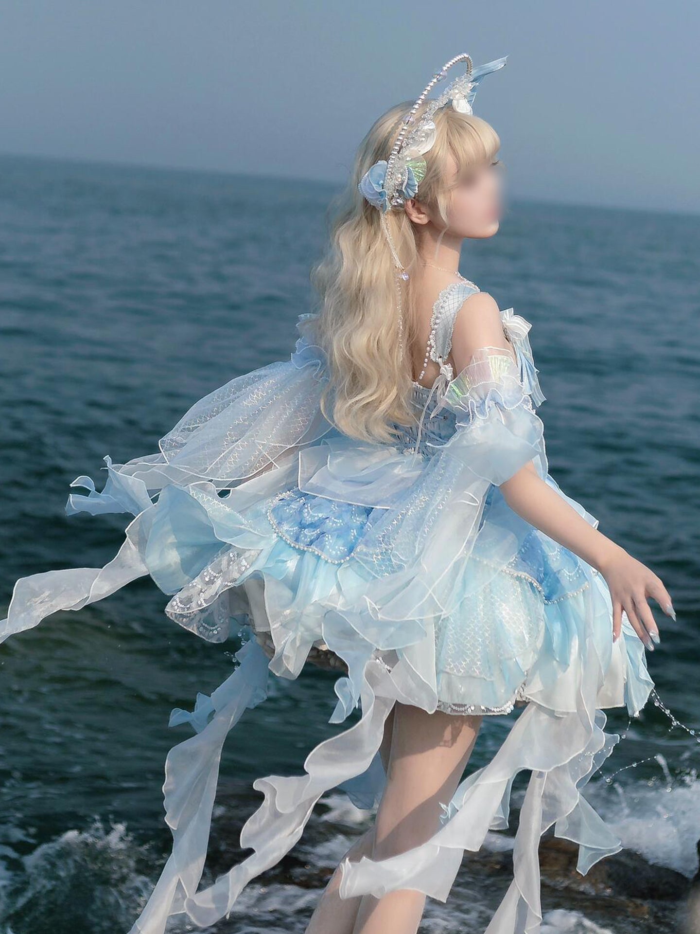 Blue mermaid lolita bride dress lolita pompoo skirt princess birthday coming-of-age dress heavy work