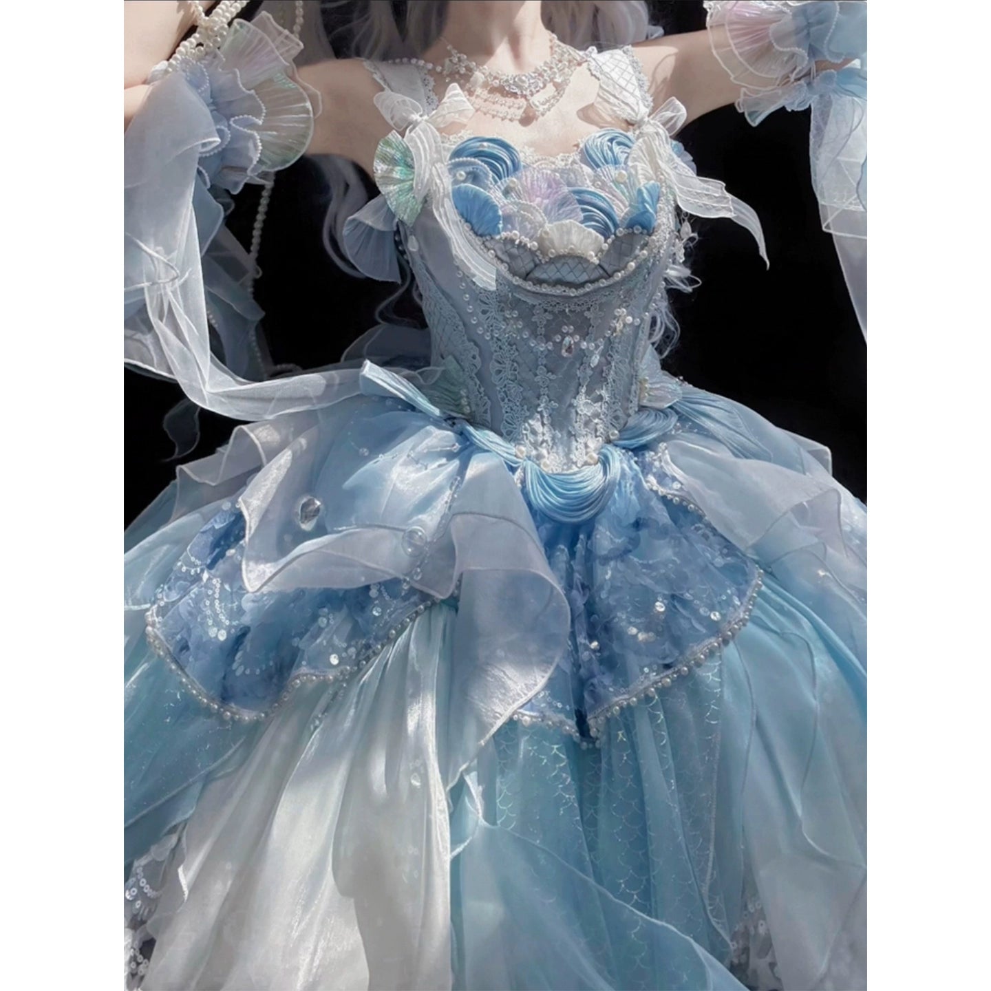 Blue mermaid lolita bride dress lolita pompoo skirt princess birthday coming-of-age dress heavy work