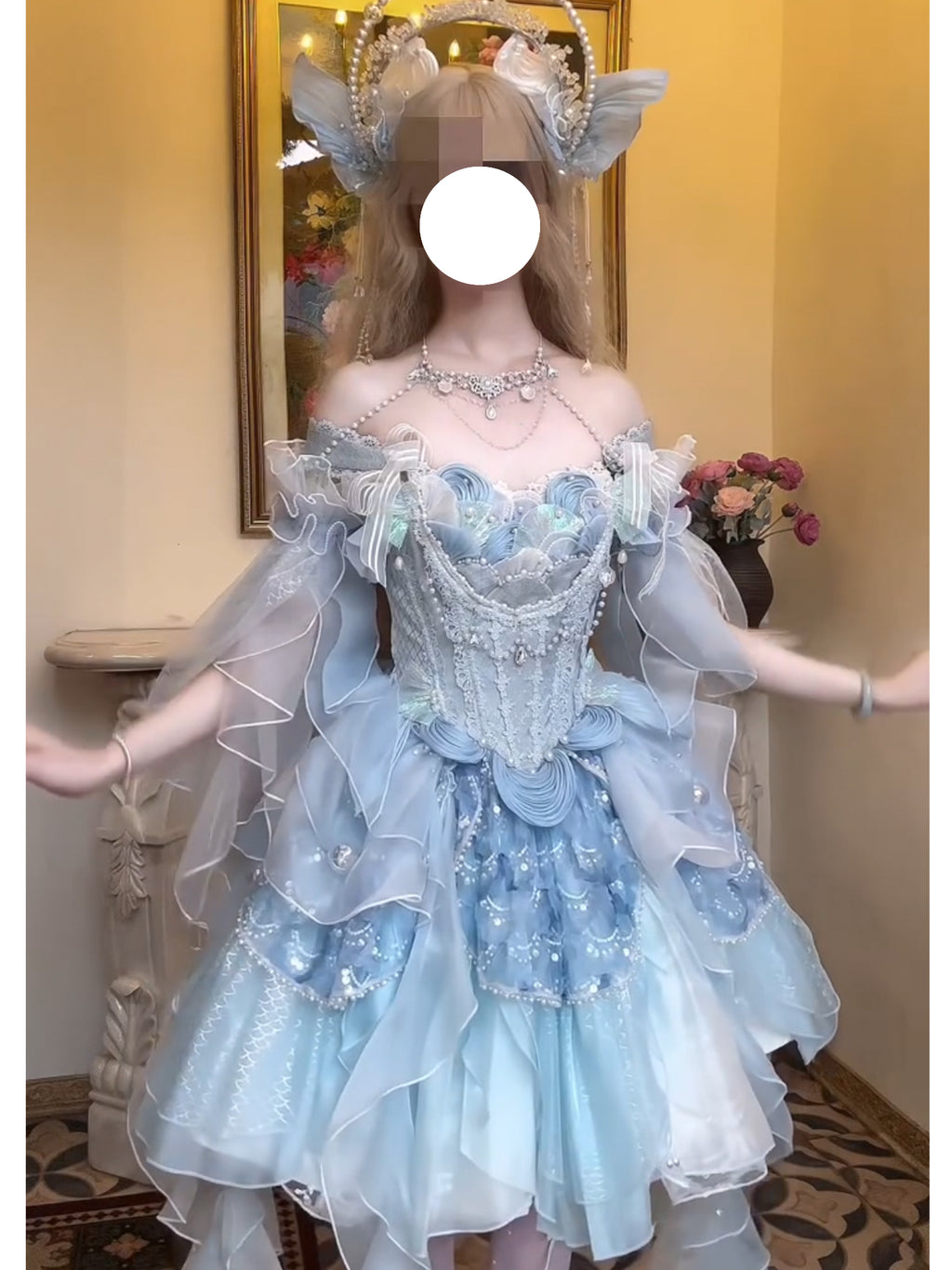 Blue mermaid lolita bride dress lolita pompoo skirt princess birthday coming-of-age dress heavy work