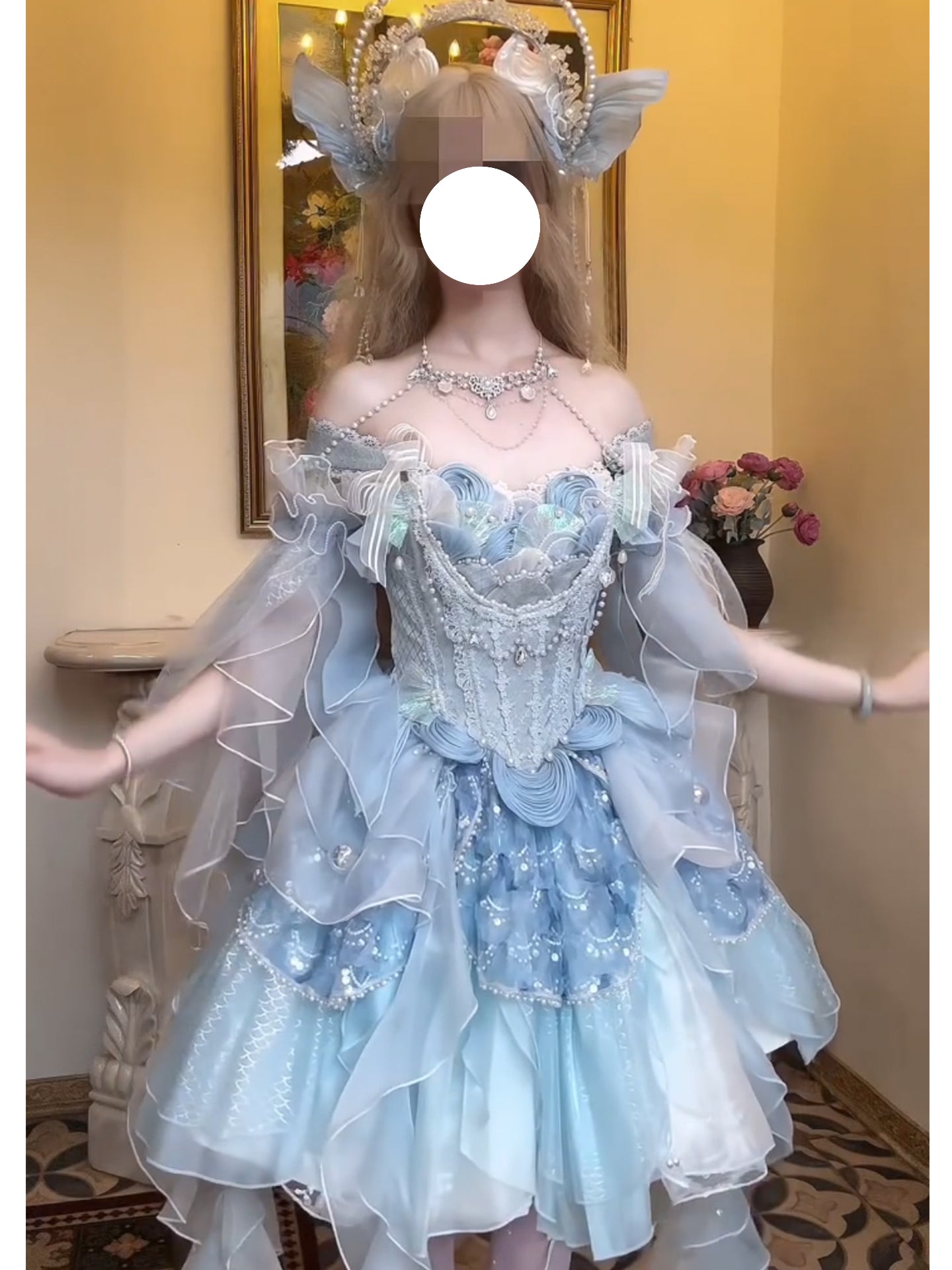 Blue mermaid lolita bride dress lolita pompoo skirt princess birthday coming-of-age dress heavy work