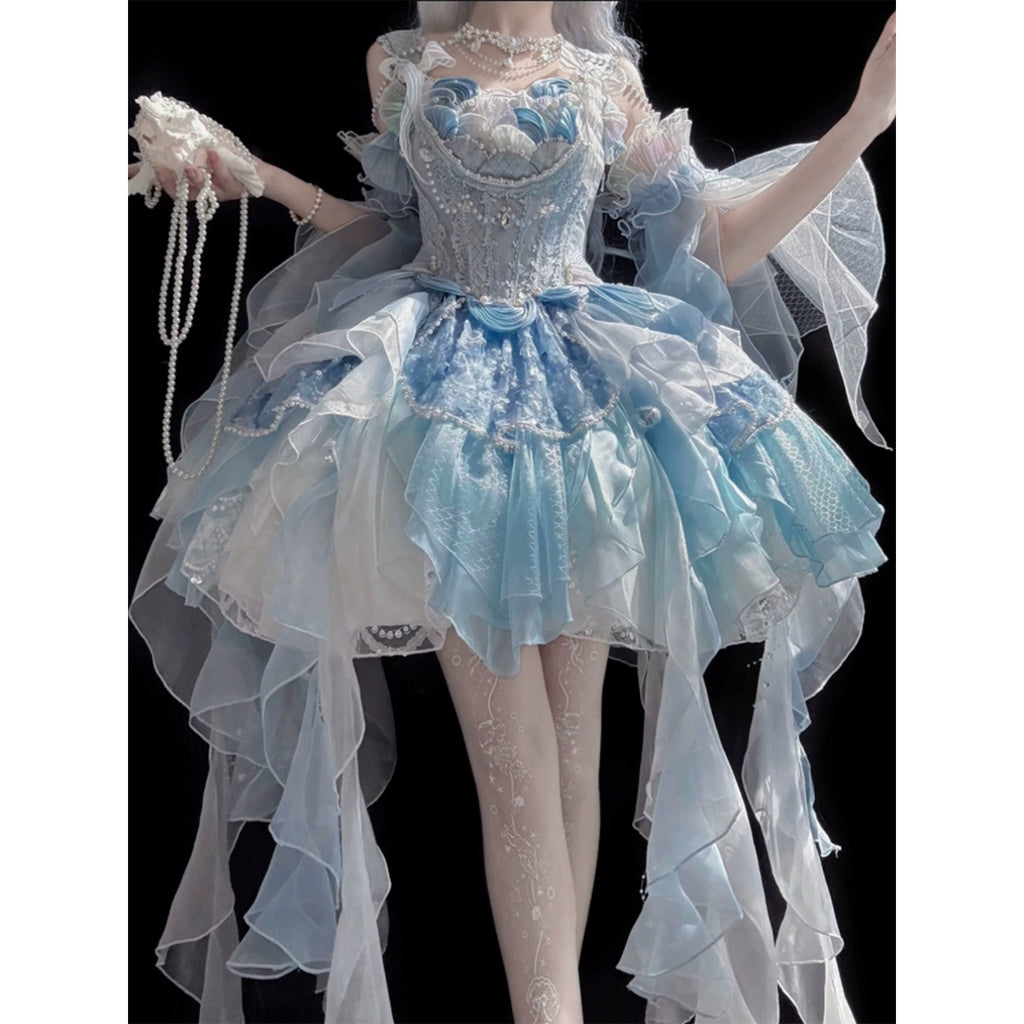 Blue mermaid lolita bride dress lolita pompoo skirt princess birthday coming-of-age dress heavy work