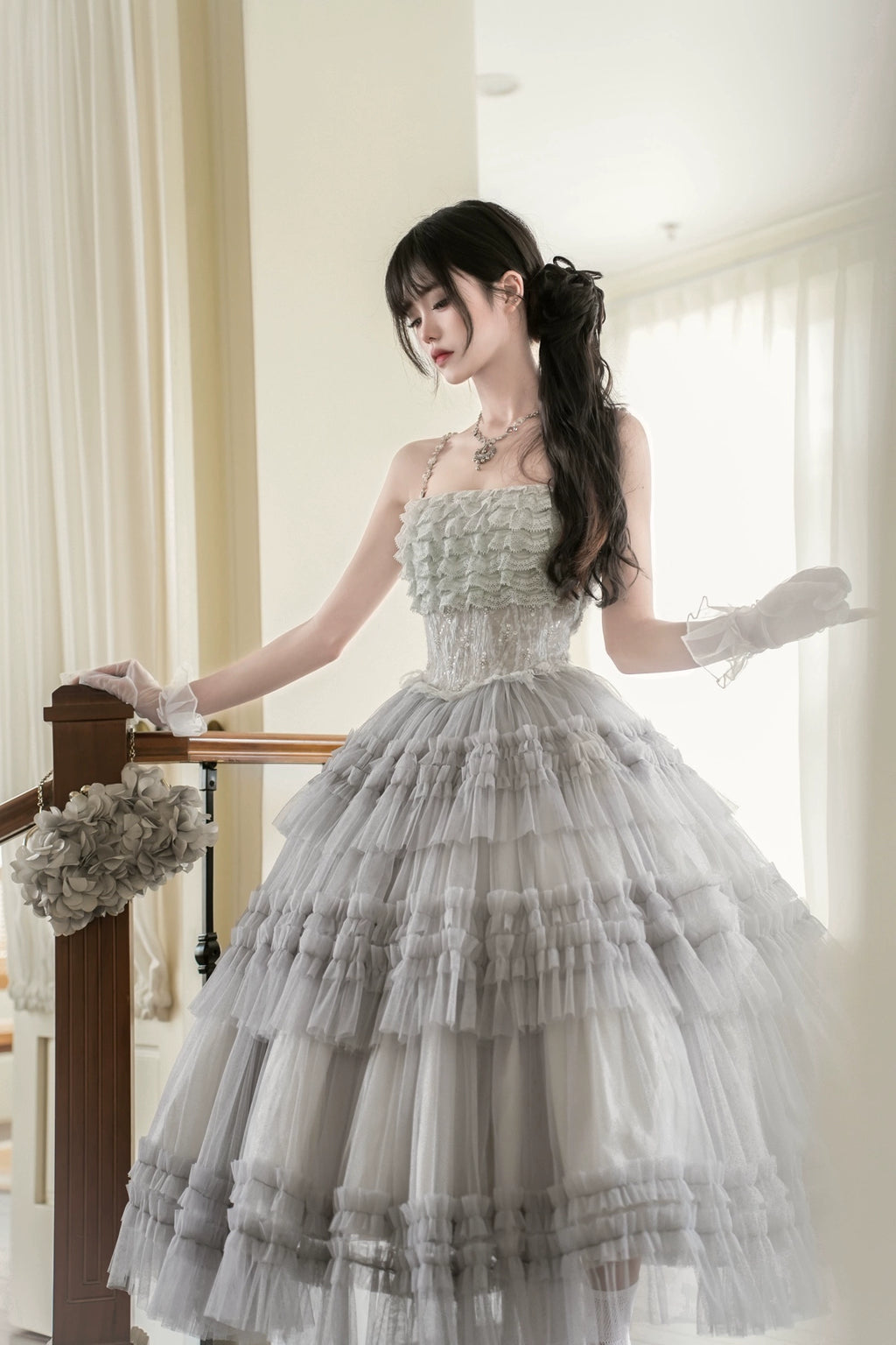 lace bead embroidered fishbone heavy industry slim large swing gauze skirt