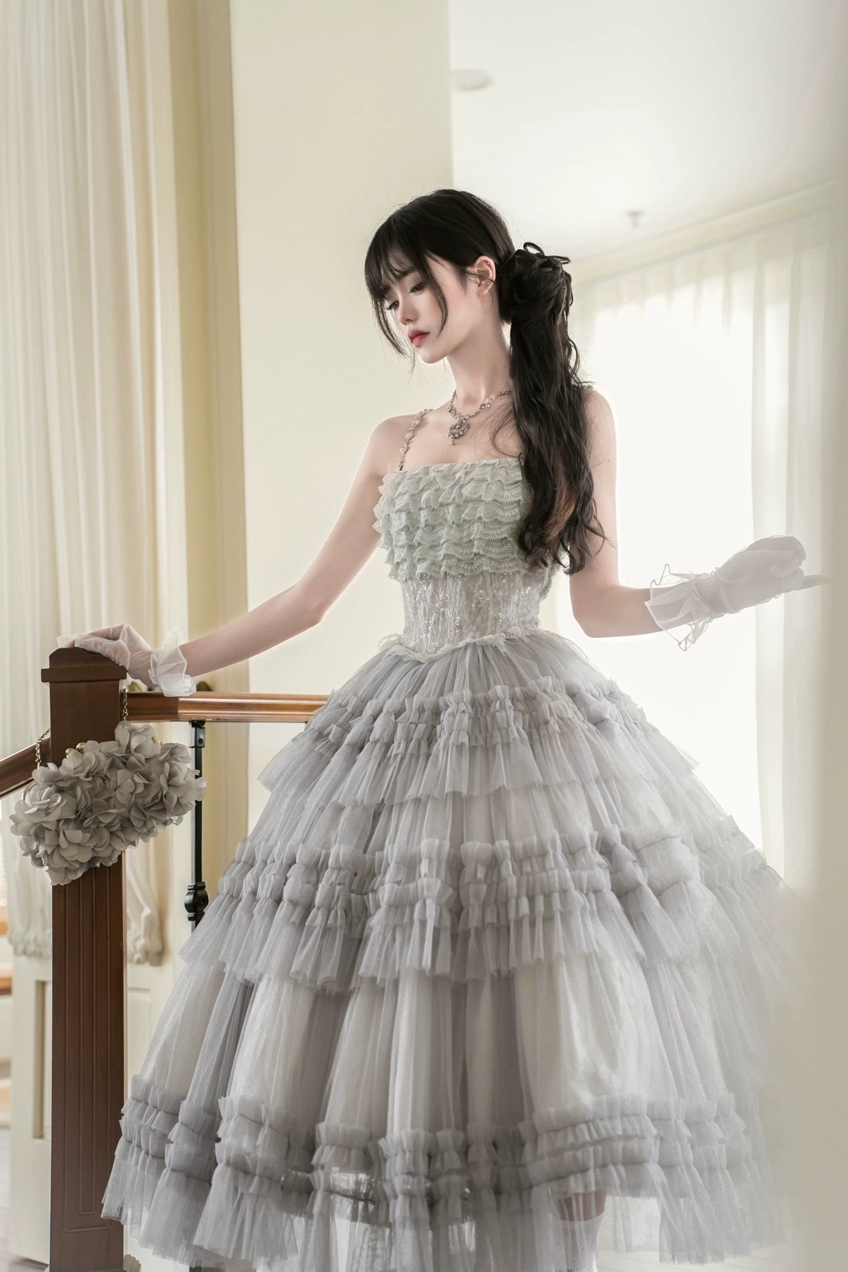 lace bead embroidered fishbone heavy industry slim large swing gauze skirt