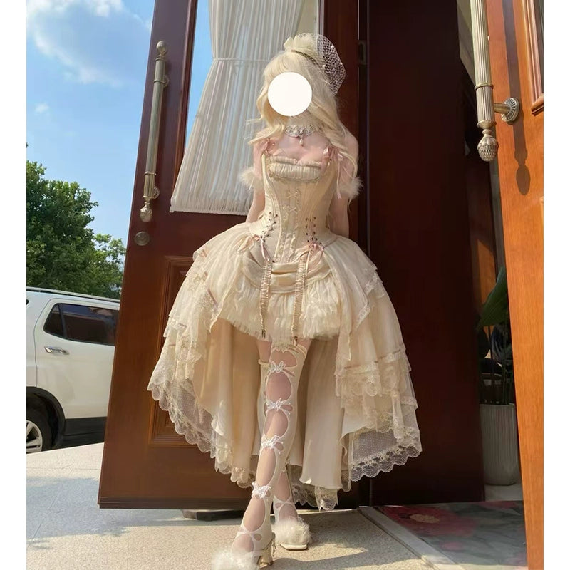 Light shadow lolita evening dress champagne gold front short back long gorgeous cla caramel antique lolita birthday party