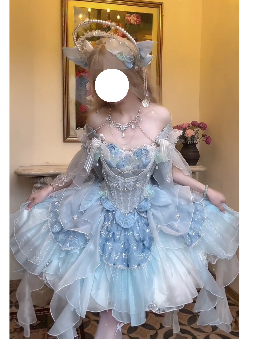 Blue mermaid lolita bride dress lolita pompoo skirt princess birthday coming-of-age dress heavy work