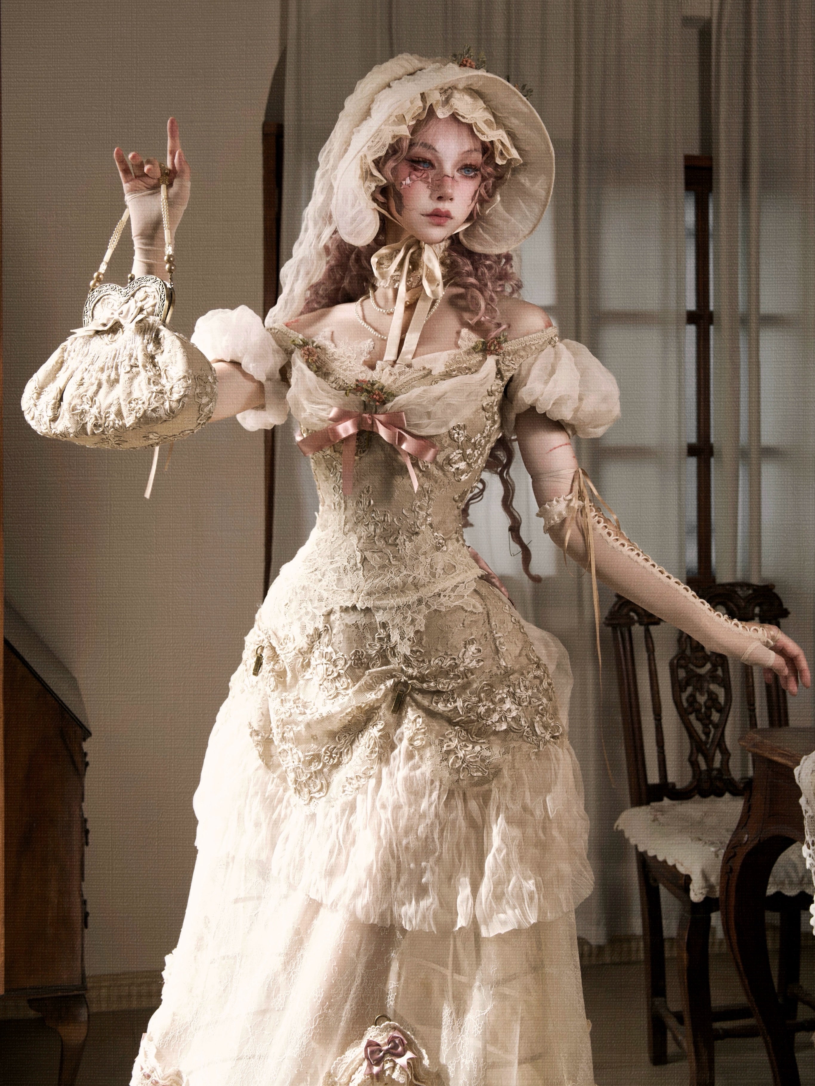 Blood supply original ◆ Eros poetry box Edward vintage elegant one-shoulder puff sleeve mesh top