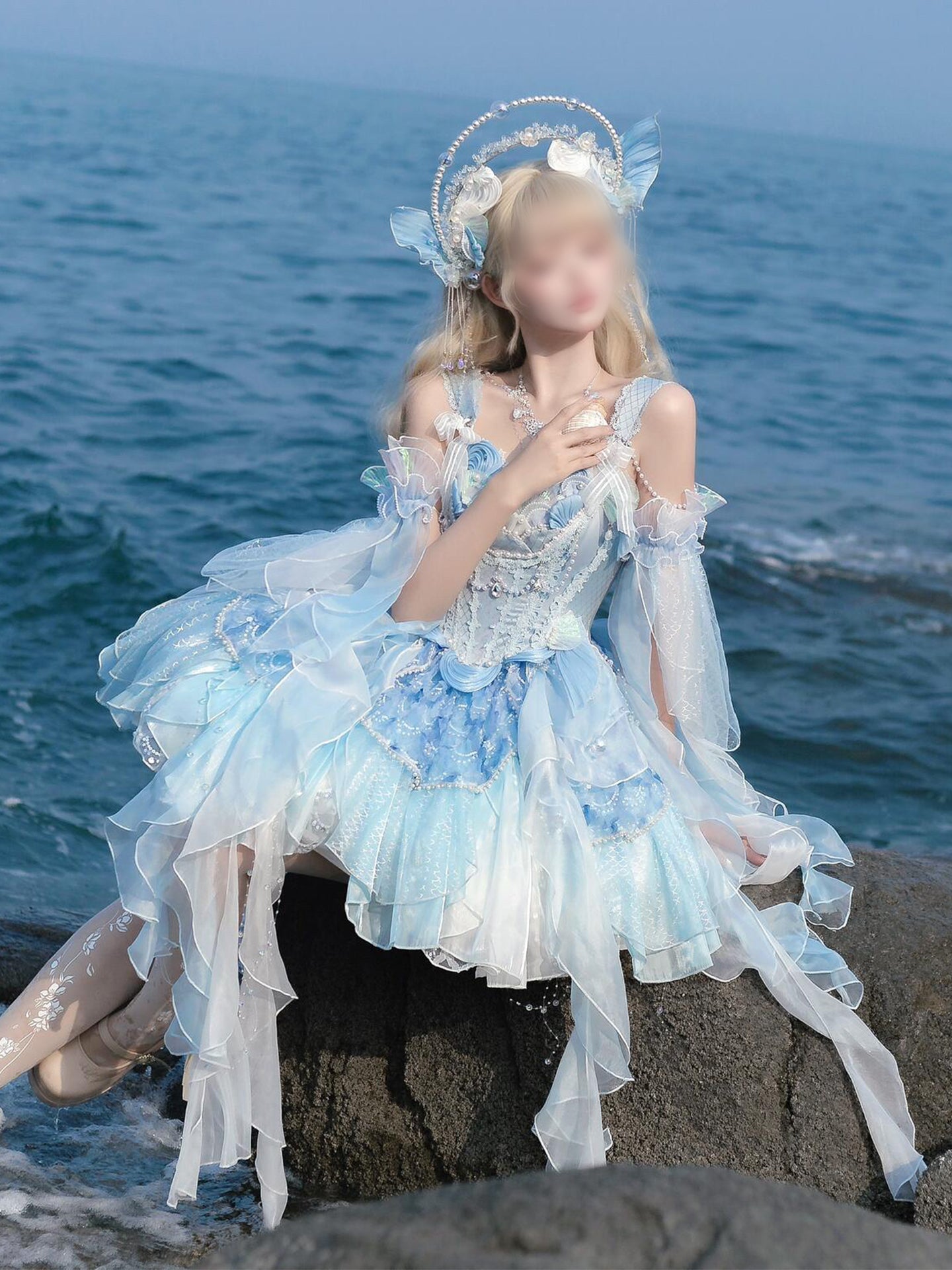 Blue mermaid lolita bride dress lolita pompoo skirt princess birthday coming-of-age dress heavy work